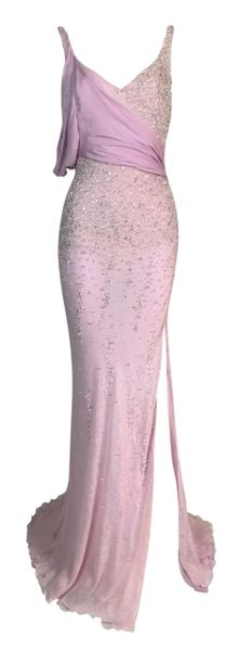 S/S 2005 Atelier Versace Runway Pink Silk Beaded High Slit Gown Dress