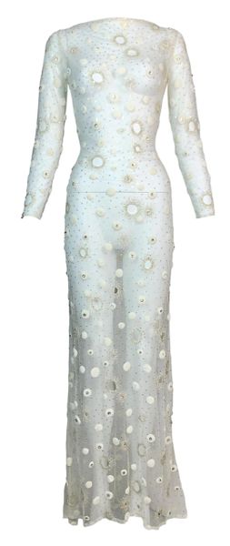S/S 1999 Atelier Versace Sheer Ivory Mesh Crystal Embellished Gown Dress
