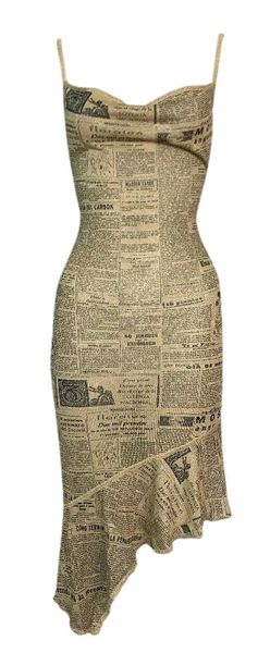 S/S 2001 John Galliano Semi-Sheer Gold News Print Slinky Knit Dress