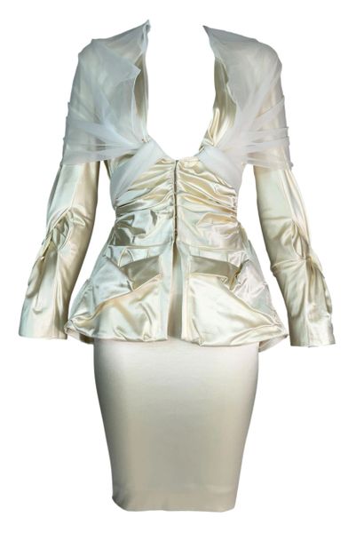S/S 2004 Christian Dior John Galliano Ivory Satin Tulle Plunging Skirt Suit