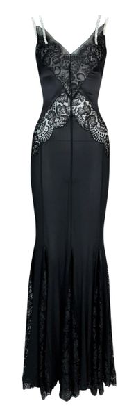 F/W 2004 Dolce & Gabbana Sheer Black Lace & Silk Crystal Straps Gown Dress