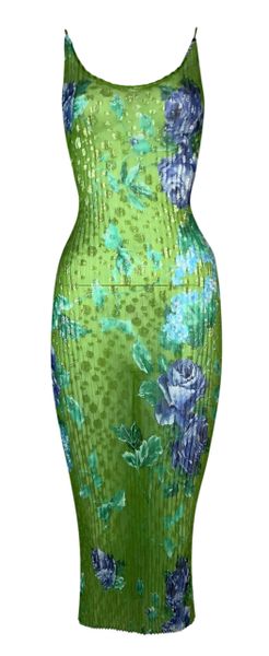 F/W 2000 Dolce & Gabbana Runway Sheer Green Floral Pleated Bodycon Dress