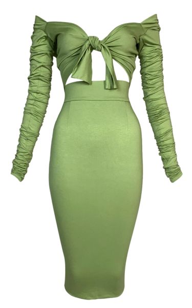 S/S 1991 Dolce & Gabbana Runway Green Pin-Up Off Shoulder Crop Top & High Waist Skirt
