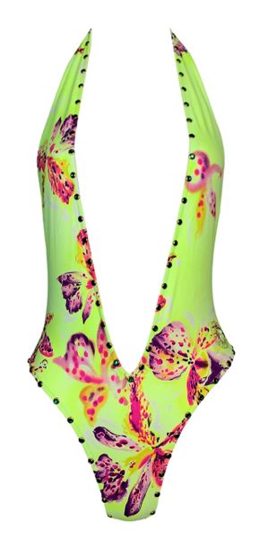 S/S 2000 Gianni Versace Runway Plunging Neon Yellow Studded Swimsuit