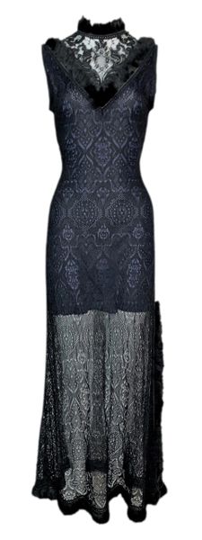 C. F/W 1997 Christian Dior John Galliano Black Blue Lace Fur High Slit Gown Dress