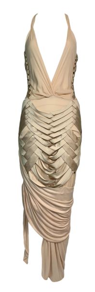 S/S 2005 Gucci Plunging Sheer Nude Silk Wiggle Dress w Fringe Ties