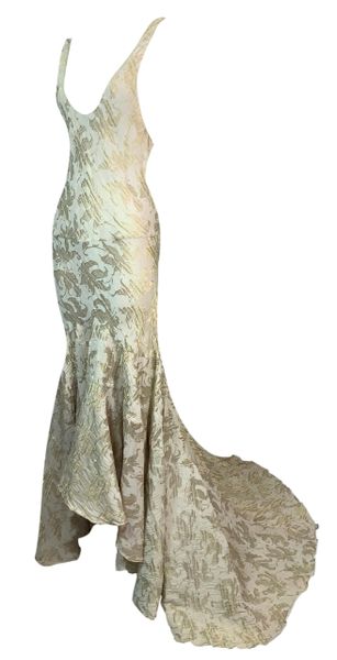 S/S 2003 Christian Dior John Galliano Gold Leave Plunging Gown Dress w Train