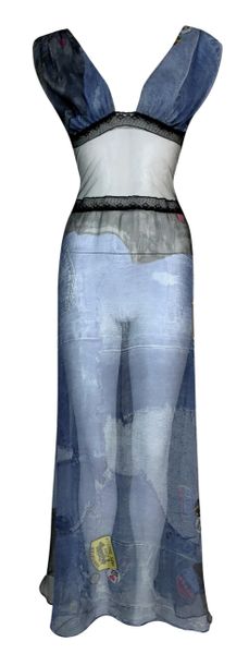 F/W 2001 Christian Dior by John Galliano Sheer Blue Silk Black Mesh Dress