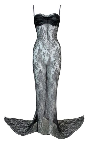 S/S 1999 Dolce & Gabbana Runway Sheer Gray Lace Maxi Dress w Train