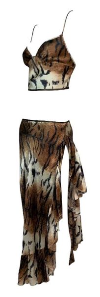 F/W 2000 Roberto Cavalli Silk Tiger Crop Top & High Slit Ruffle Maxi Skirt
