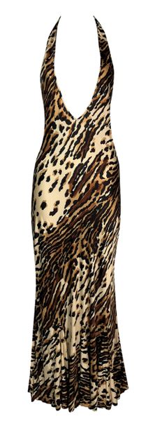 1996 Dolce & Gabbana Plunging Slinky Halter Cheetah Maxi Dress