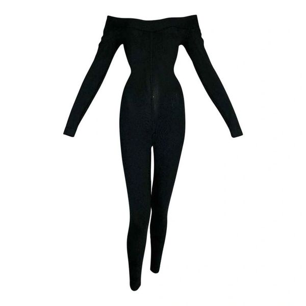 1990's Azzedine Alaia Black Knit Bodycon Off Shoulder Catsuit Jumpsuit