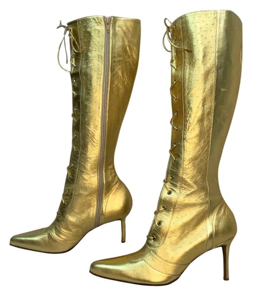 F/W 2000 Christian Dior John Galliano Gold Ostrich Leather Tall Heel Boots