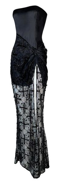 F/W 1997 Atelier Versace by Gianni Sheer Black Mesh Cross Beaded Strapless Dress