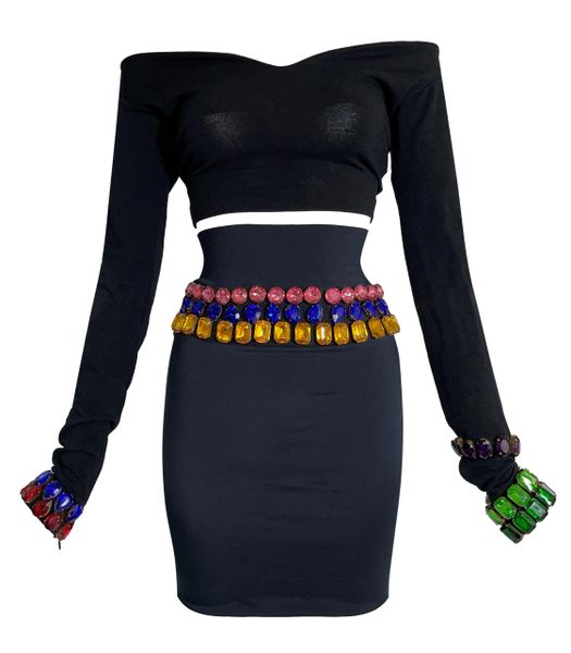 F/W 1991 Dolce & Gabbana Rainbow Crystal Black Crop Top High Waist Mini Skirt
