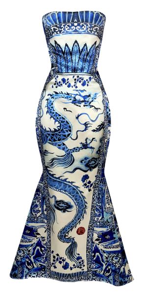 F/W 2005 Roberto Cavalli Runway Met Chinoiserie Dragon Mermaid Gown Dress