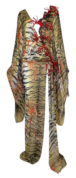 S/S 2005 Roberto Cavalli Runway Beaded Coral Sheer Tiger Silk Kimono Dress