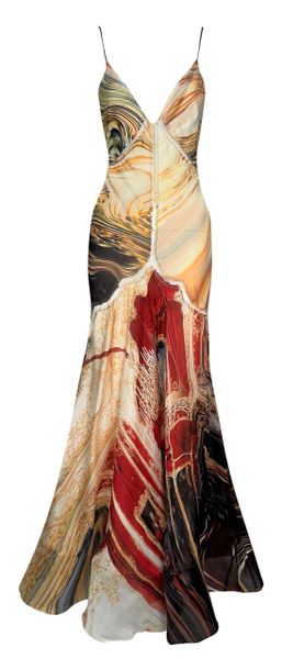 S/S 2003 Roberto Cavalli Runway Castle Print Sheer Mesh Panels Gown Dress