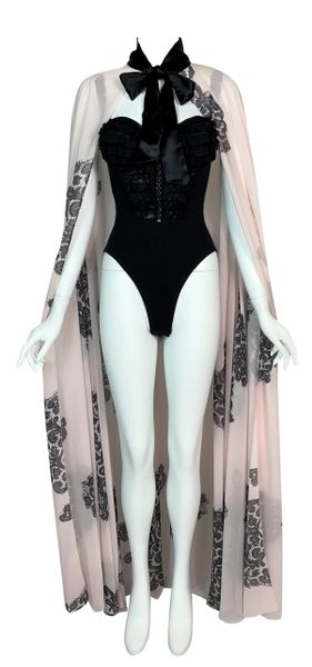 S/S 1993 Chantal Thomass Runway Black Lace Bodysuit & Pink Lace Print Cape
