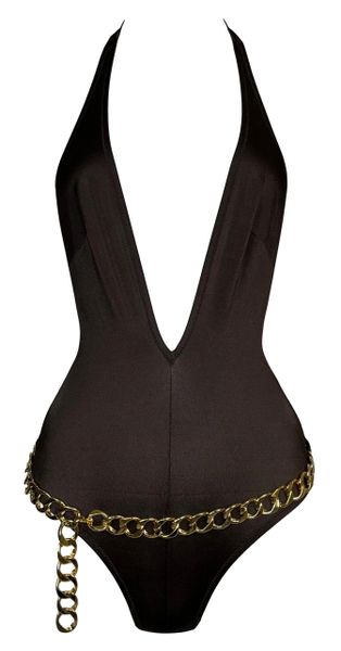 NWT S/S 2000 Dolce & Gabbana Plunging Brown Swimsuit w Gold Chain Belt