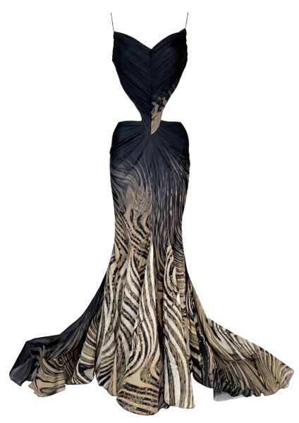 F/W 2003 Roberto Cavalli Runway Brown Cut-Out Plunging Gown Dress