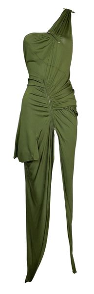 S/S 2001 Christian Dior John Galliano Runway Green One Shoulder High Slit Maxi Dress