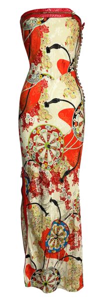 S/S 2001 Christian Dior John Galliano Japanese Silk Strapless Maxi Dress w Slit