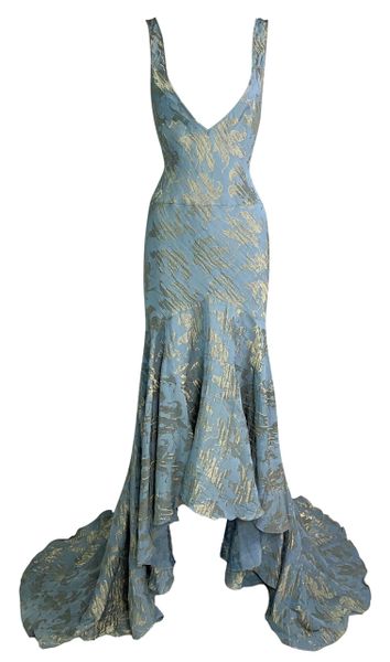 S/S 2003 Christian Dior John Galliano Plunging Blue & Gold Gown Dress w Train