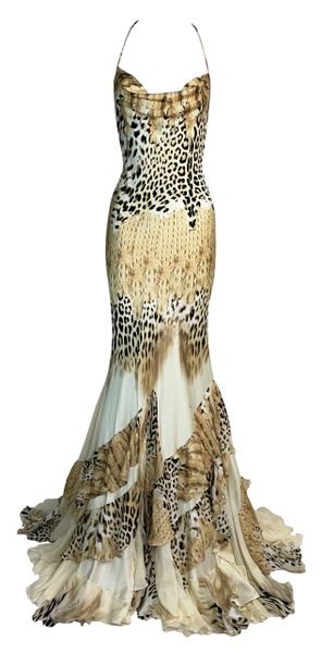 2002 Roberto Cavalli Silk Cheetah & Crocodile Print Ruffles Halter Gown Dress