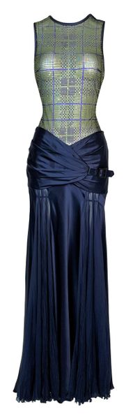 F/W 2004 Versace Runway Sheer Crystal Bodysuit & Navy Blue Long Skirt Ensemble