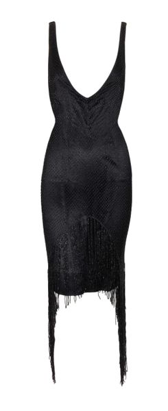 F/W 2002 Gucci Tom Ford Runway 20's Flapper Plunging Black Beaded Mesh Fringe Dress