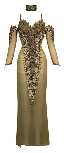 2003 Lloyd Klein Haute Couture Sheer Nude Silk Lesage Beaded Crocodile Dress w Choker