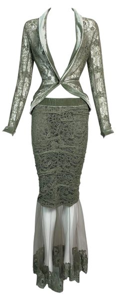 F/W 2003 Christian Dior by John Galliano Sheer Green Lace Jacket Skirt Set