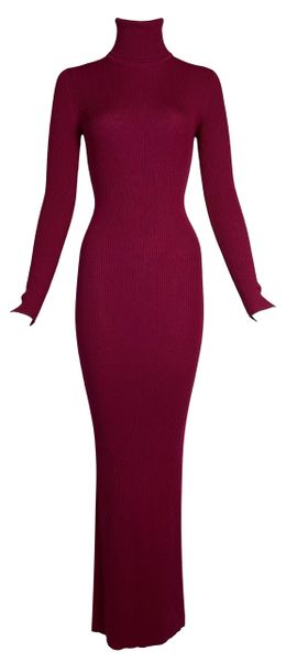 F/W 1998 Christian Dior John Galliano Runway Dark Red Knit Bodycon Maxi L/S Dress