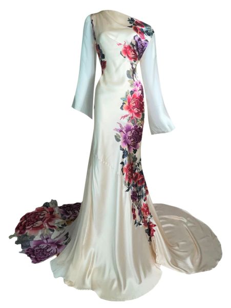 S/S 2007 Roberto Cavalli Chinoiserie Mandarin Floral Ivory Silk Gown Dress w Train