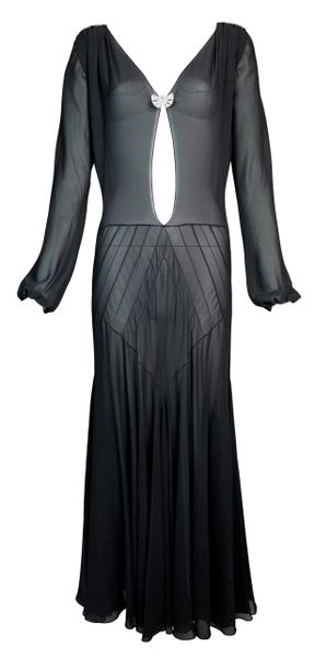 F/W 2002 Christian Dior John Galliano Sheer Black Silk 1920's Plunging Crystal Dress
