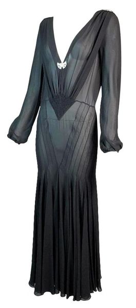 F/W 2002 Christian Dior John Galliano Sheer Black Silk 1920's Plunging Crystal Dress