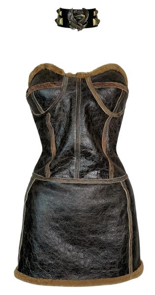 F/W 2003 Roberto Cavalli Runway Shearling Brown Leather Strapless Mini Dress