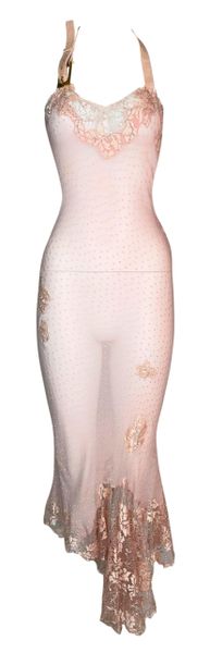 F/W 2000 Christian Dior John Galliano Runway Sheer Pastel Pink Lace Buckle Dress