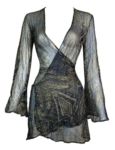 2000 Roberto Cavalli Sheer Black & Gold Silk Wrap L/S Mini Dress