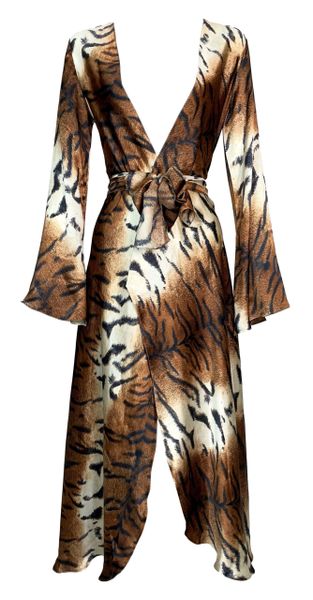 Unworn w Tags F/W 2000 Roberto Cavalli Silk Tiger Plunging Wrap Dress