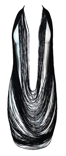 2000's Maison Martin Margiela Plunging Sheer Black Fringe Top Mini Dress