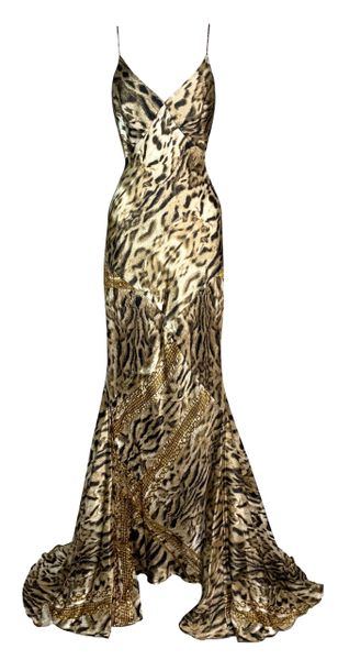 2003 Roberto Cavalli Leopard & Gold Chains Print Silk Gown Dress