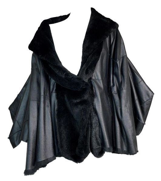 F/W 2003 Christian Dior John Galliano Black Leather Kimono Baggy Fur Jacket
