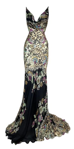 S/S 2003 Roberto Cavalli Chinoiserie Black Silk Extra Long Gown Dress