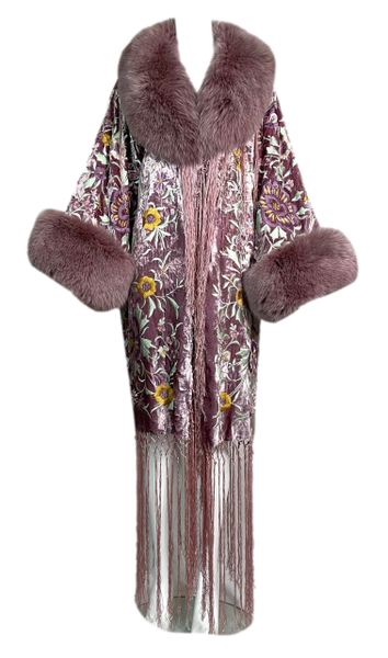 1990's Adrienne Landau Purple Embroidered Velvet Fur 20's Flapper Coat Dress