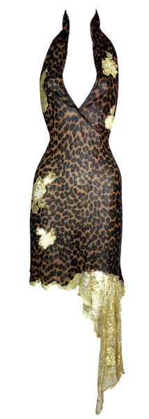 F/W 2000 Christian Dior John Galliano Leopard Plunging Gold Lace Dress 40
