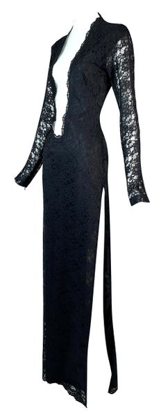 F/W 1998 Alexander McQueen Black Lace Plunging Mesh High Slit Gown Dress