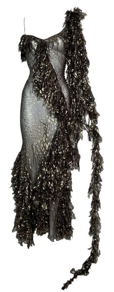 F/W 2000 Christian Dior John Galliano Runway Sheer Brown Gold Ruffle Maxi Dress