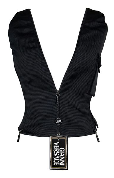 NWT F/W 1998 Atelier Versace Runway Black Zipper Plunging Cargo Top